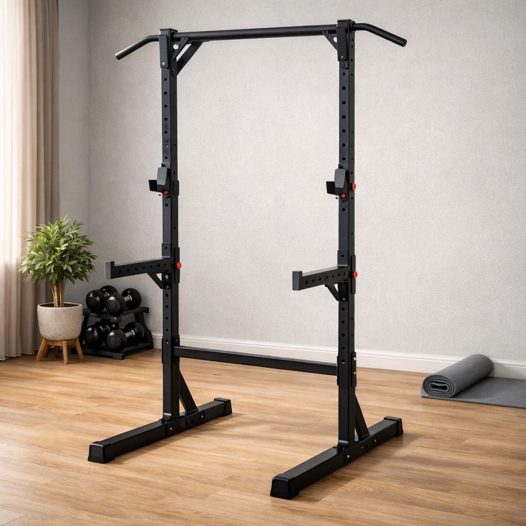 Power rack met halterstang in een trainingsruimte