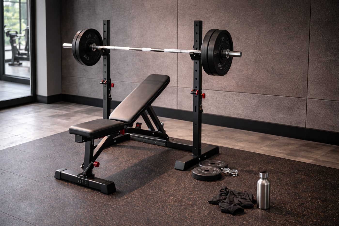 Home gym met squat rack, halterstang en gewichtsschijven